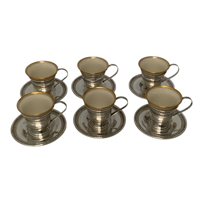 Antique Sterling Silver & Lenox Porcelain Demitasse Cup and Saucer Service Set of Six America c. 1910–1930