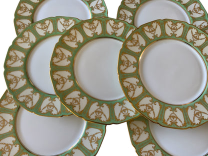 Antique Royal Doulton Robert Allen Dinner Plates Mint Green Gold Gilt 10” Set of 12 (Dated 1916/1925)