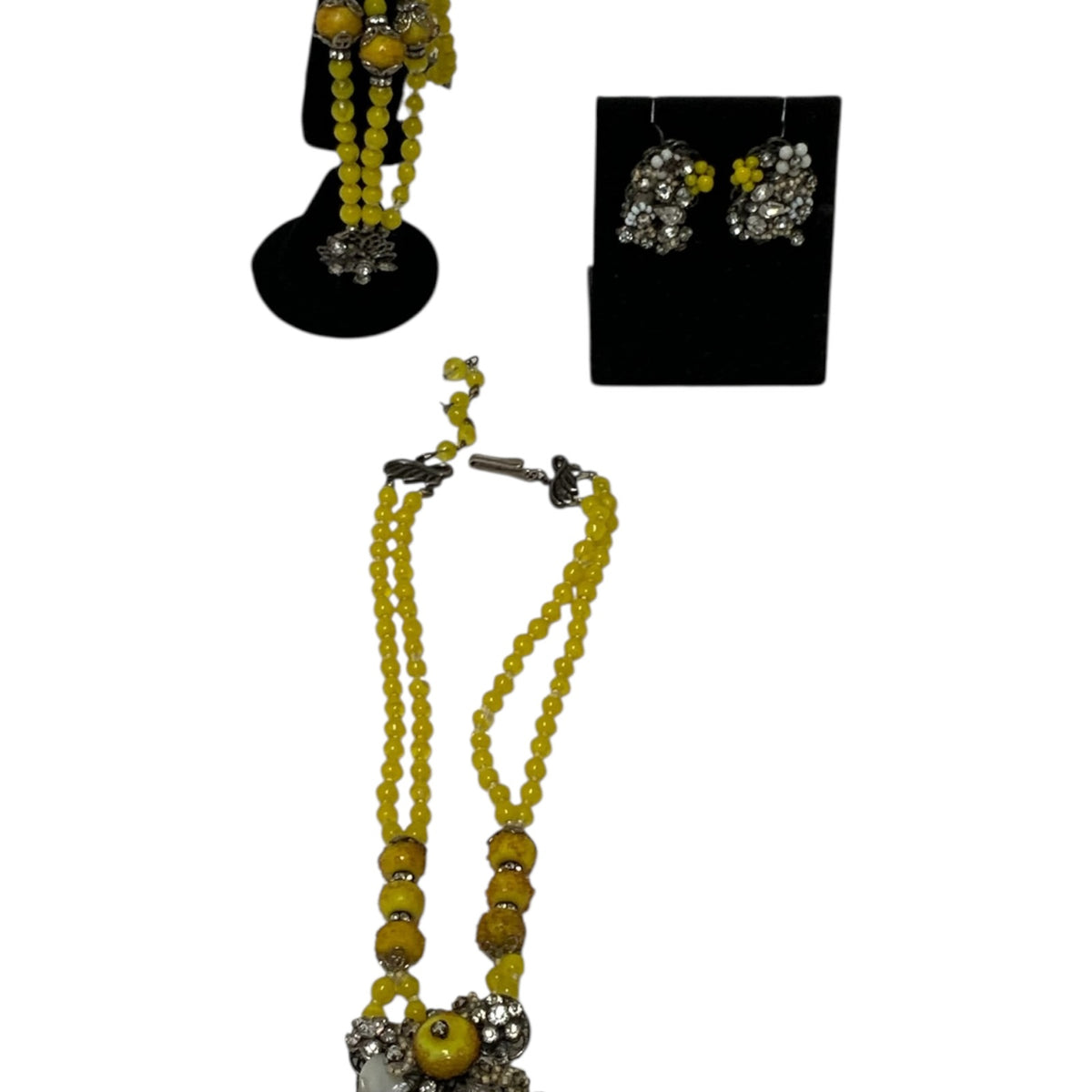 Vintage Original by Robert Yellow Glass Bead Rhinestone 3 pc. Parure Necklace Bracelet Earrings USA c. 1940s–1955