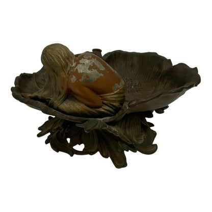 French Art Nouveau Cast Iron Figural Poppy Blossom Centerpiece with Resting Maiden c. 1900