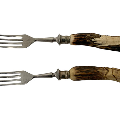 Vintage German Hand-Carved Stag Antler Hunting Dinner Forks Set of 8 c. 1950-1970