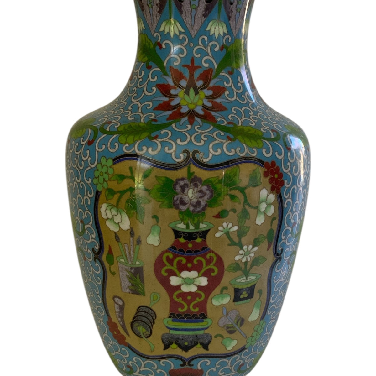 Vintage Large 15.25" Chinese Cloisonne Vase Turquoise Yellow Floral Pot Motif Vintage c.1970s-1980s