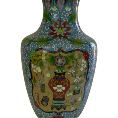Vintage Large 15.25" Chinese Cloisonne Vase Turquoise Yellow Floral Pot Motif Vintage c.1970s-1980s
