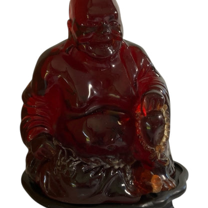 Vintage Mid-Century Large Translucent Red Resin Laughing Buddha Statue on Carved Wood Base China c. 1960s