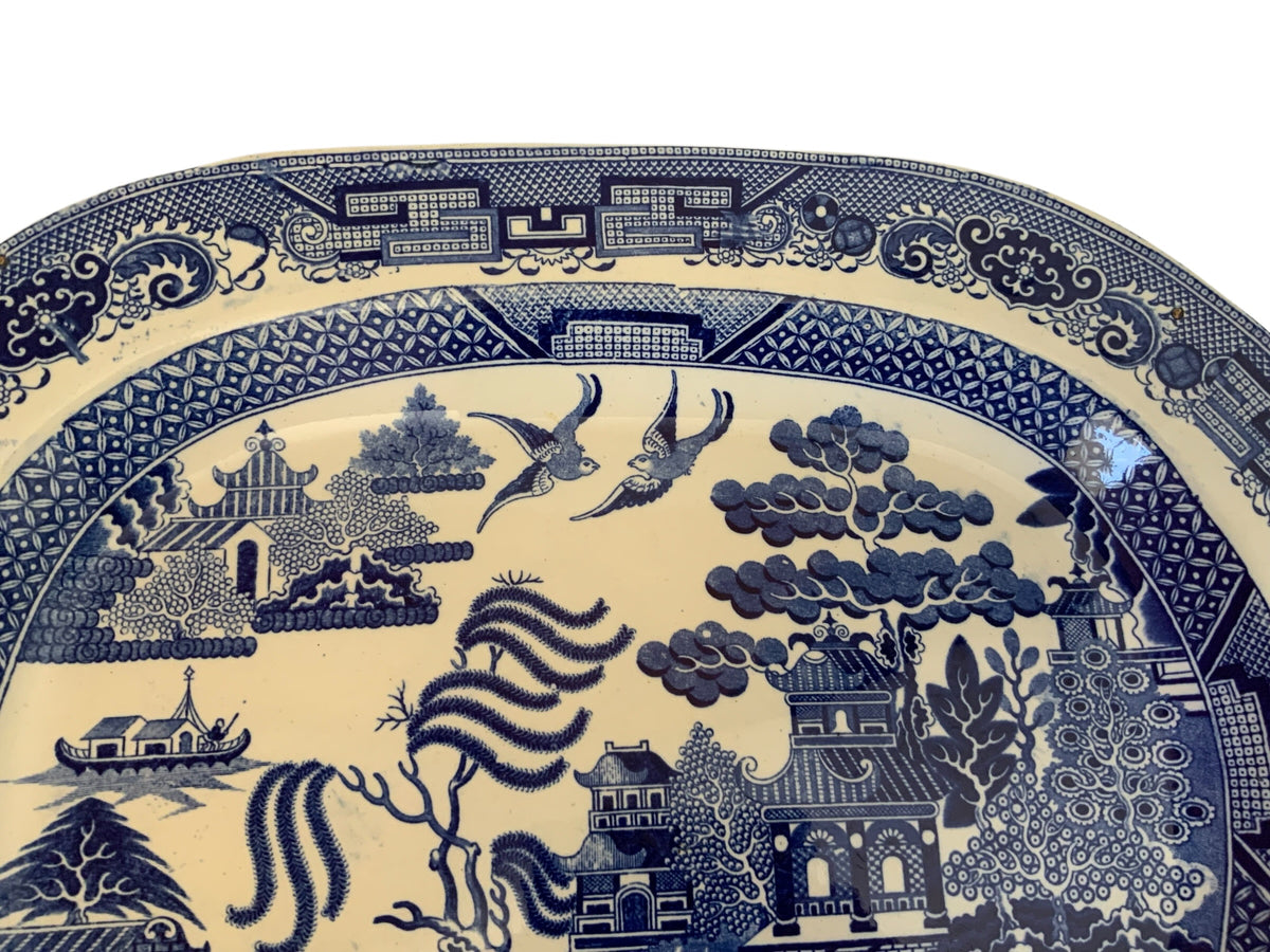 Antique Massive 19.5" Blue Willow Turkey Platter Unmarked Staffordshire English Transferware Flawless England 1830–1860