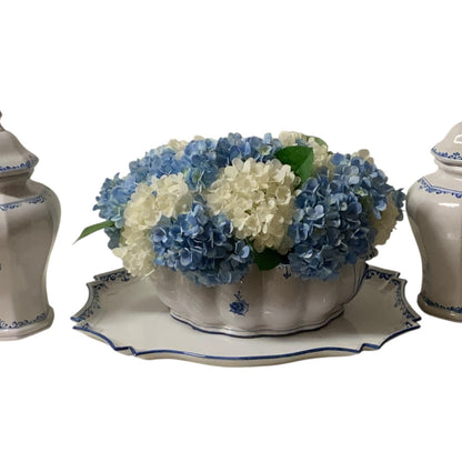 Rare Vintage 3-Piece Italian Majolica Centerpiece Set for Gump's Blue & White Tulipiere, Platter & Matching Pair of Lidded Ginger Jars Italy 1970s-1980s