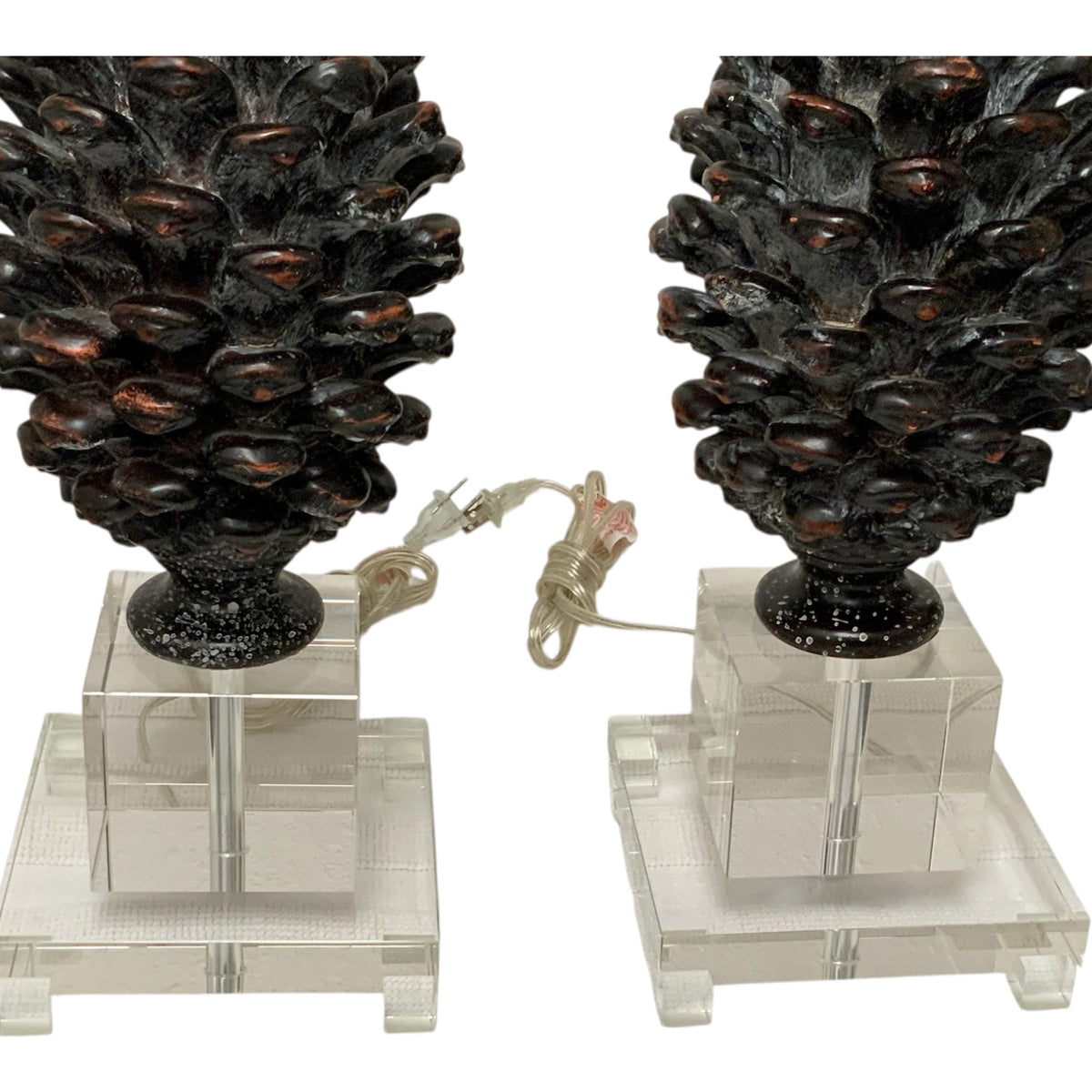 Pair of Neoclassical Style Brown Pinecone Table Lamps on Stacked Lucite Footed Bases 29" 2013