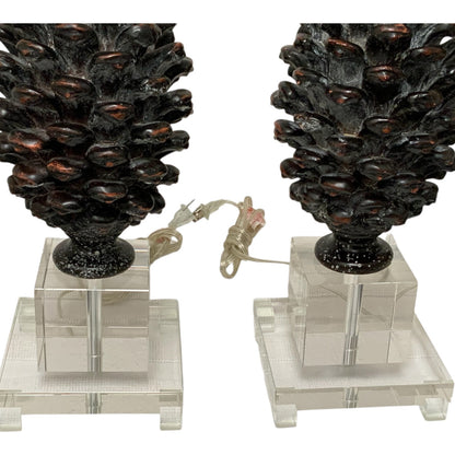 Pair of Neoclassical Style Brown Pinecone Table Lamps on Stacked Lucite Footed Bases 29" 2013