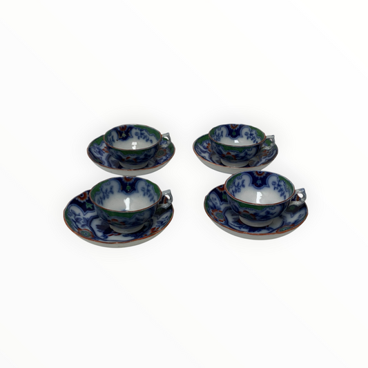 Antique F. & R. Pratt & Co. Imari Tea Cups & Saucers Set of 4 Pattern No. 60 England c. 1840s–1850s