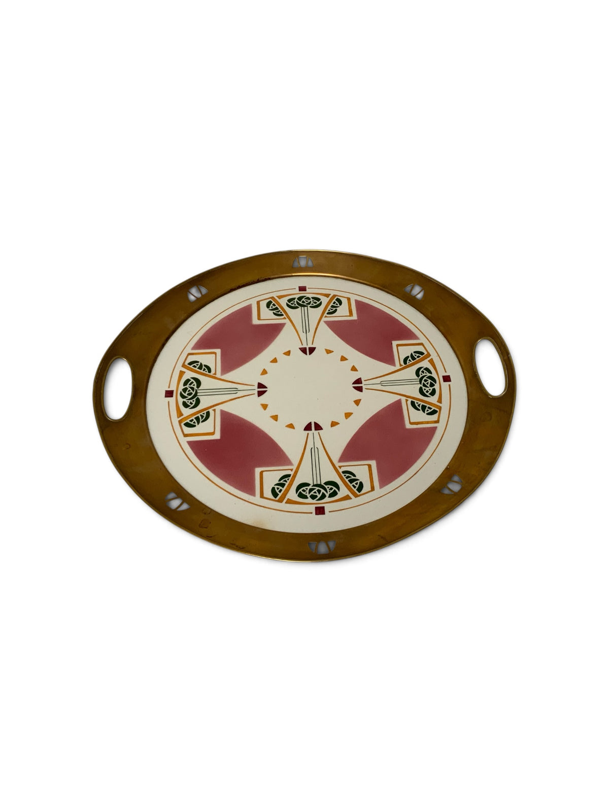Antique German Jugendstil Wächtersbach Attributed Ceramic & Pierced Brass Tray c. 1905-1920