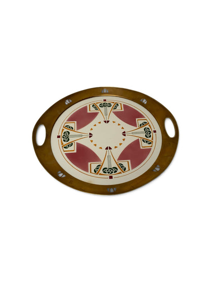 Antique German Jugendstil Wächtersbach Attributed Ceramic & Pierced Brass Tray c. 1905-1920