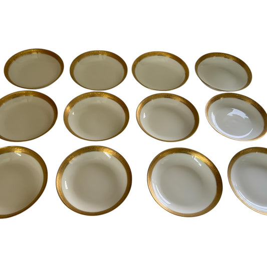 12pc Antique GDA Limoges France Fruit/Berry Bowls White w/Gold Etched Rim Parmelee-Dohrmann c.1901 - 1941