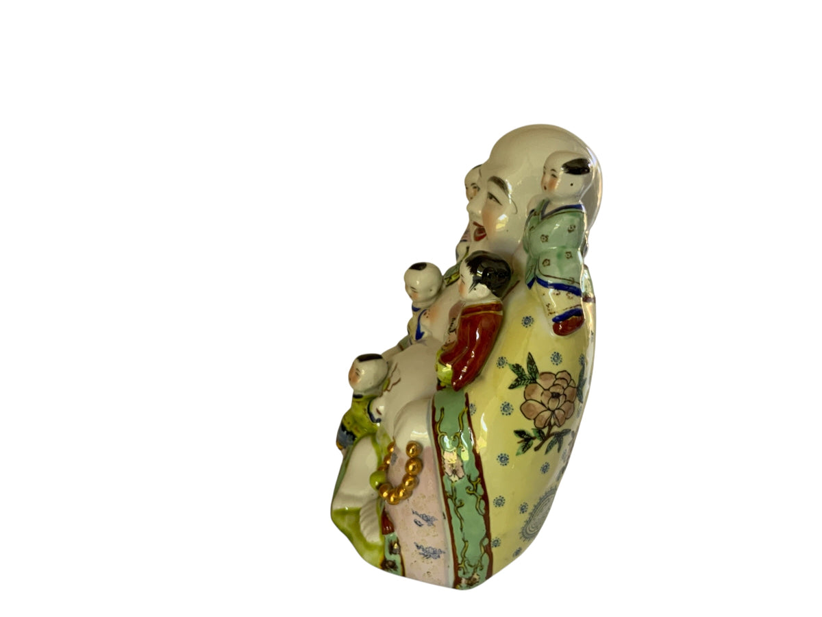 Large Vintage Chinese Famille Rose Porcelain 11.25" Laughing Buddha 5 Children Statue China 1960s-1980s