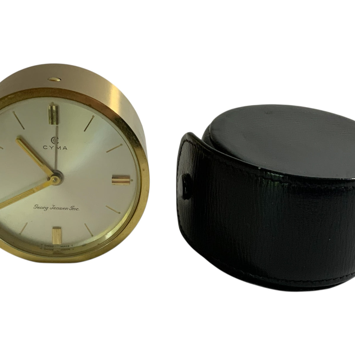 Rare Vintage CYMA 11-Jewel Swiss Mechanical Travel Alarm Clock Georg Jensen Inc. MCM w/Case 1950s-1960s