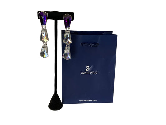 SWAROVSKI Signed Large Silver And Purple Modern Runway Dangle Clip Earrings Austria 1990s