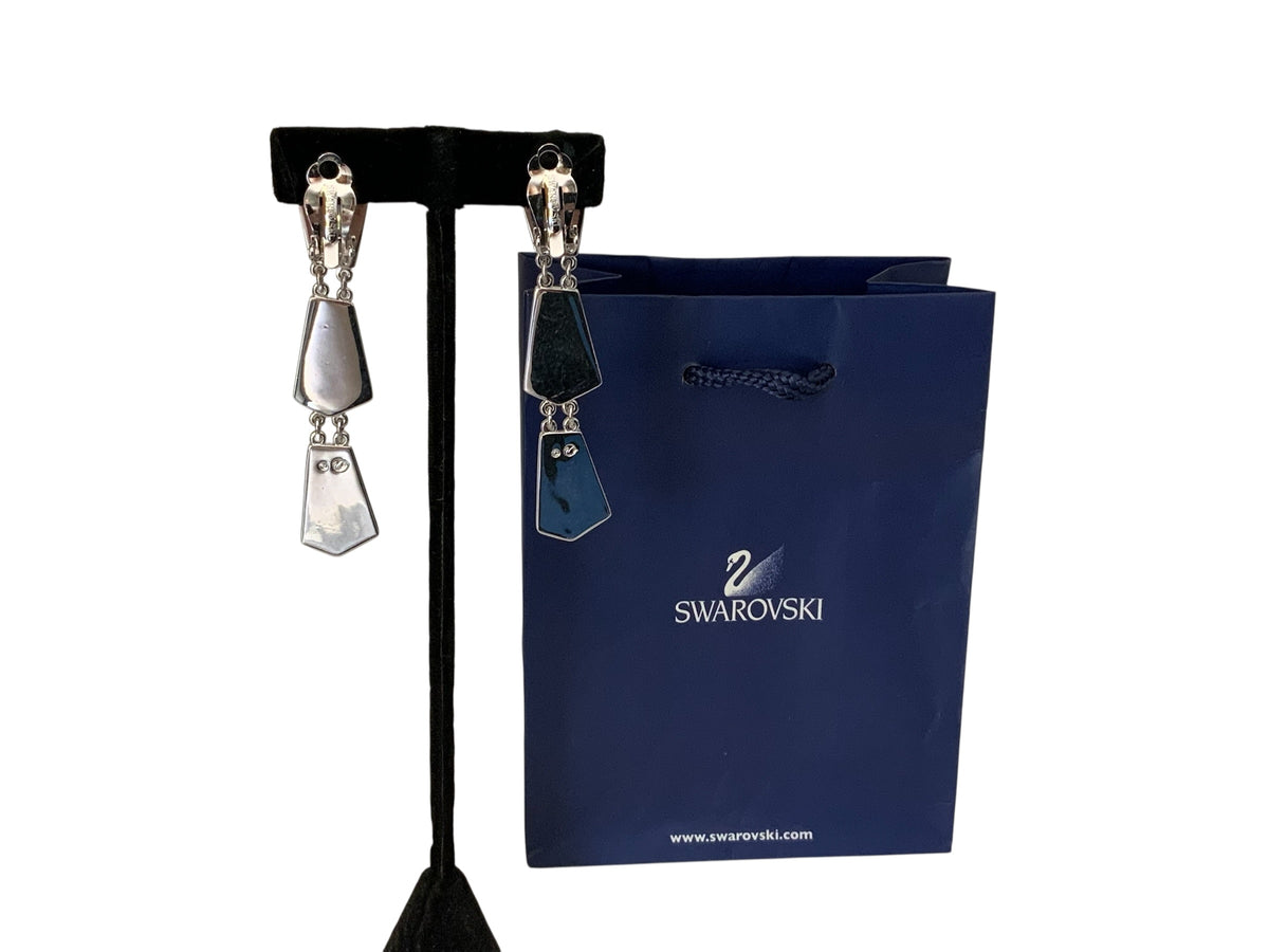 SWAROVSKI Signed Large Silver And Purple Modern Runway Dangle Clip Earrings Austria 1990s