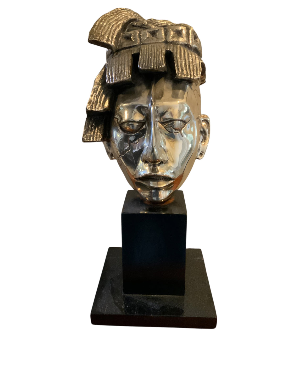 Vintage D'Argenta Mexico Mayan King Pakal Pacal Silvered Metal Bust Sculpture Mexico c.1970s