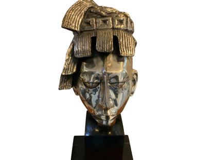Vintage D'Argenta Mexico Mayan King Pakal Pacal Silvered Metal Bust Sculpture Mexico c.1970s
