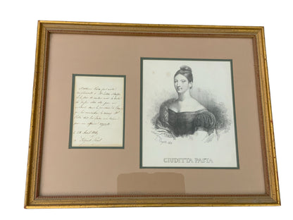Antique Guiditta Pasta (1797-1865) Framed Set Portrait & Handwritten Letter 1829