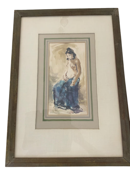 Vintage Emilio A. Serio (1930-2015) Seated Female Nude Watercolor Mixed Media Painting USA 1963