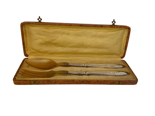 Antique French Bazin & Cie Paris .950 Silver Salad Serving Spoon & Fork Set France c. 1900