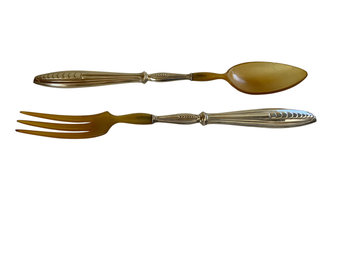 Antique French Bazin & Cie Paris .950 Silver Salad Serving Spoon & Fork Set France c. 1900