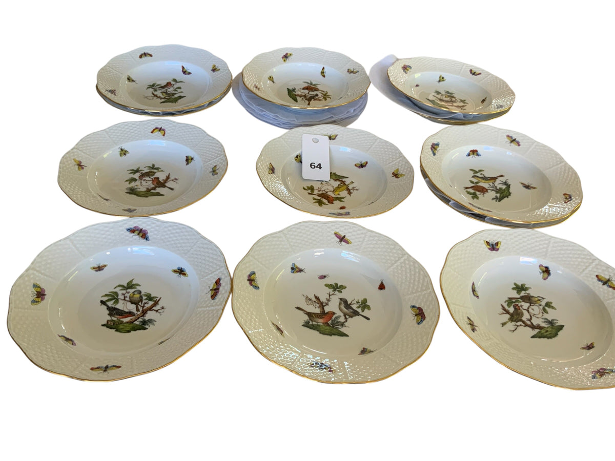 Herend Rothschild Bird Complete Set of 12 8" Soup Plate Porcelain 504/RO Made in Hungary