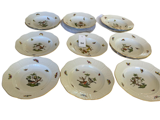 Herend Rothschild Bird Complete Set of 12 8" Soup Plate Porcelain 504/RO Made in Hungary