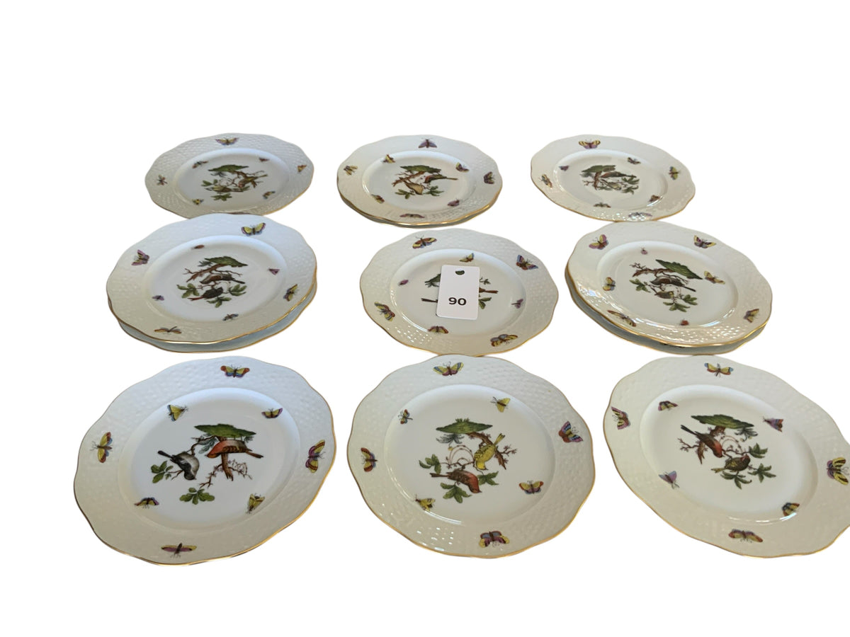 Herend Rothschild Bird Complete Set of 12 7.5" Salad Plate Porcelain 517/RO Made in Hungary