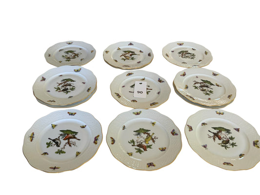 Herend Rothschild Bird Complete Set of 12 7.5" Salad Plate Porcelain 517/RO Made in Hungary