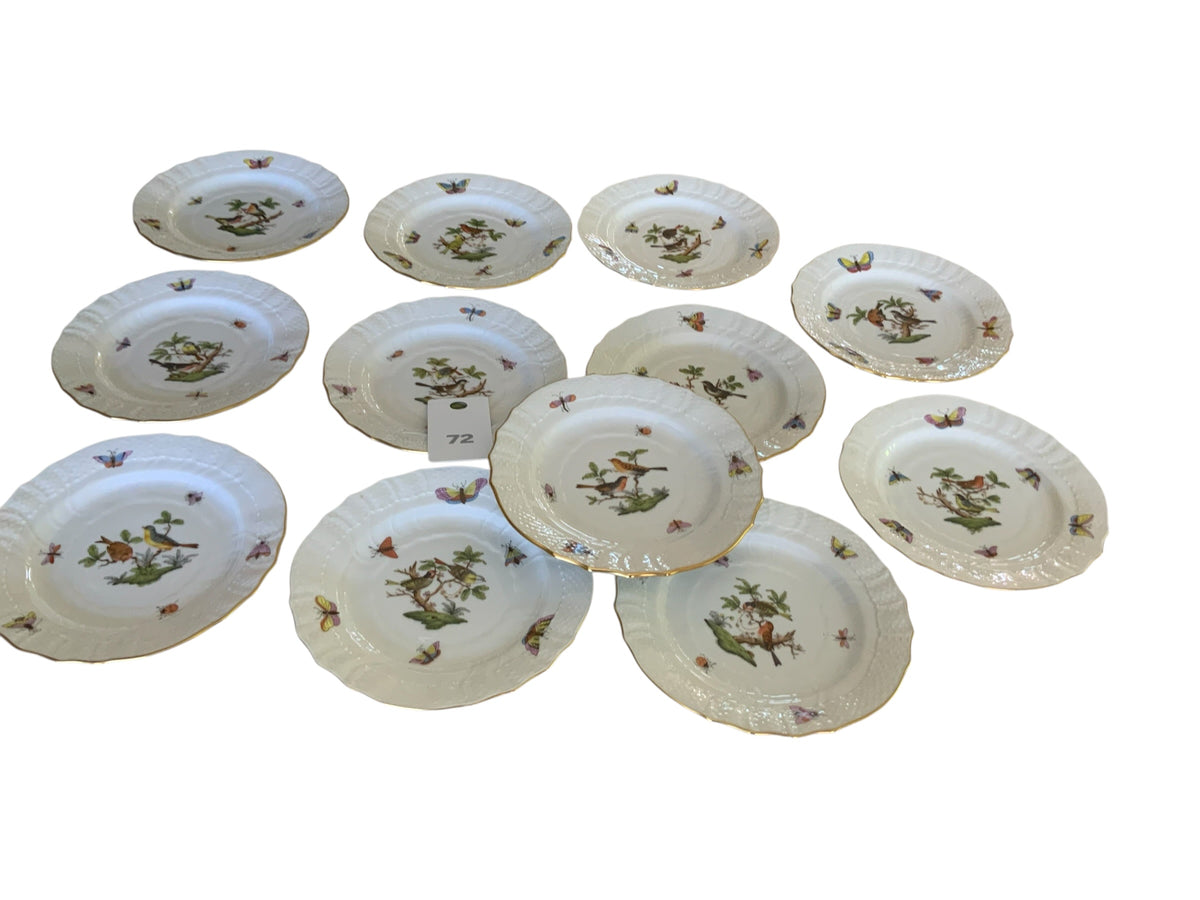Herend Rothschild Bird Complete Set of 12 6" Bread Butter Porcelain Plates 1515/RO Made in Hungary