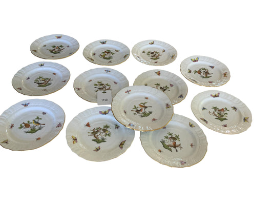 Herend Rothschild Bird Complete Set of 12 6" Bread Butter Porcelain Plates 1515/RO Made in Hungary
