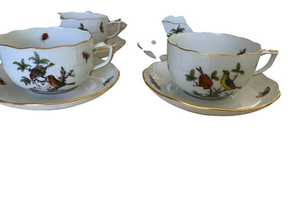 Herend Rothschild Bird Complete Set of 12 Flat Cup & Saucer Set Porcelain 724/RO Made in Hungary