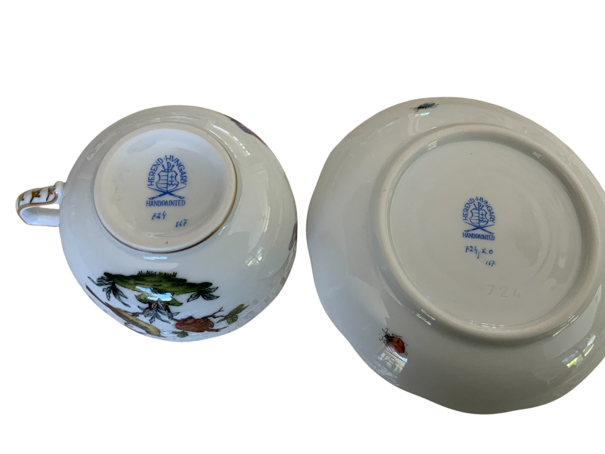 Herend Rothschild Bird Complete Set of 12 Flat Cup & Saucer Set Porcelain 724/RO Made in Hungary
