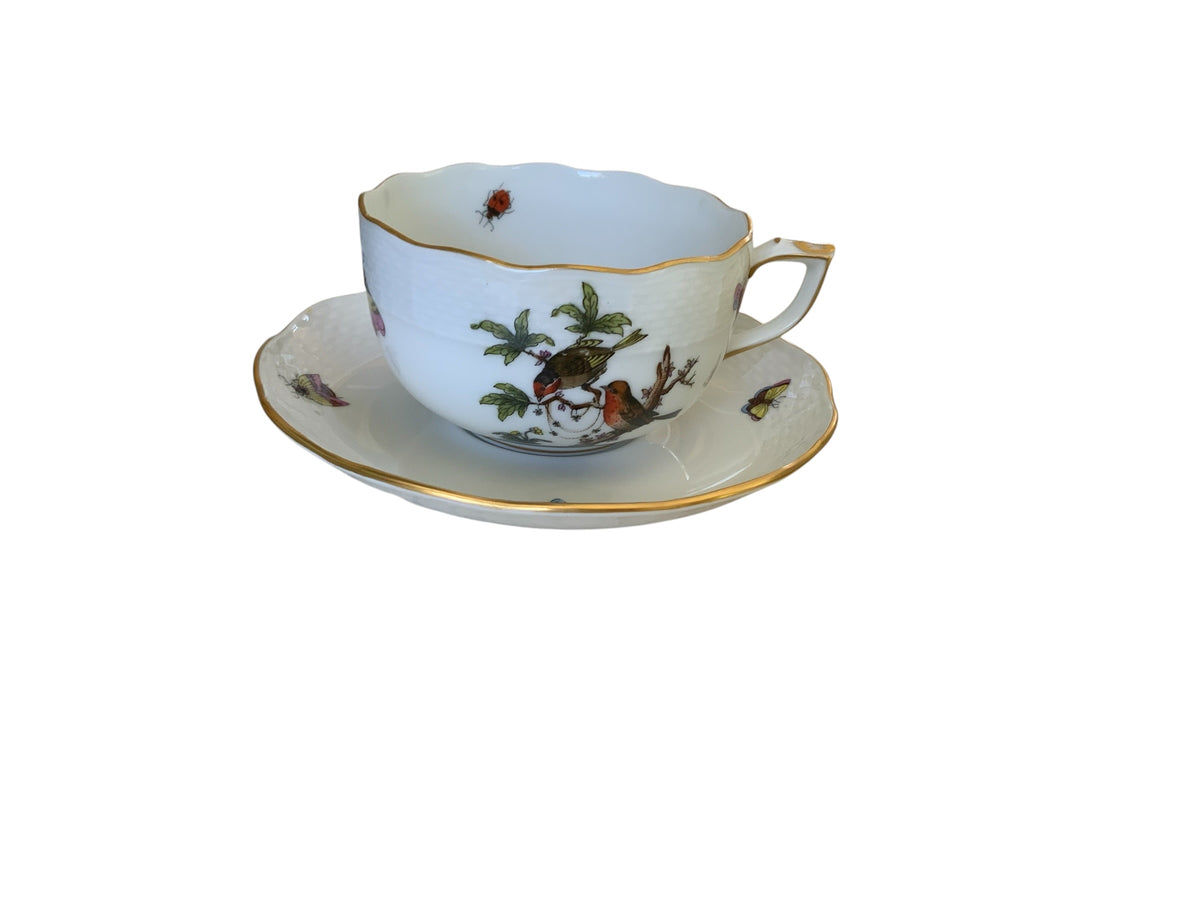 Herend Rothschild Bird Complete Set of 12 Flat Cup & Saucer Set Porcelain 724/RO Made in Hungary