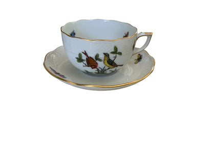 Herend Rothschild Bird Complete Set of 12 Flat Cup & Saucer Set Porcelain 724/RO Made in Hungary