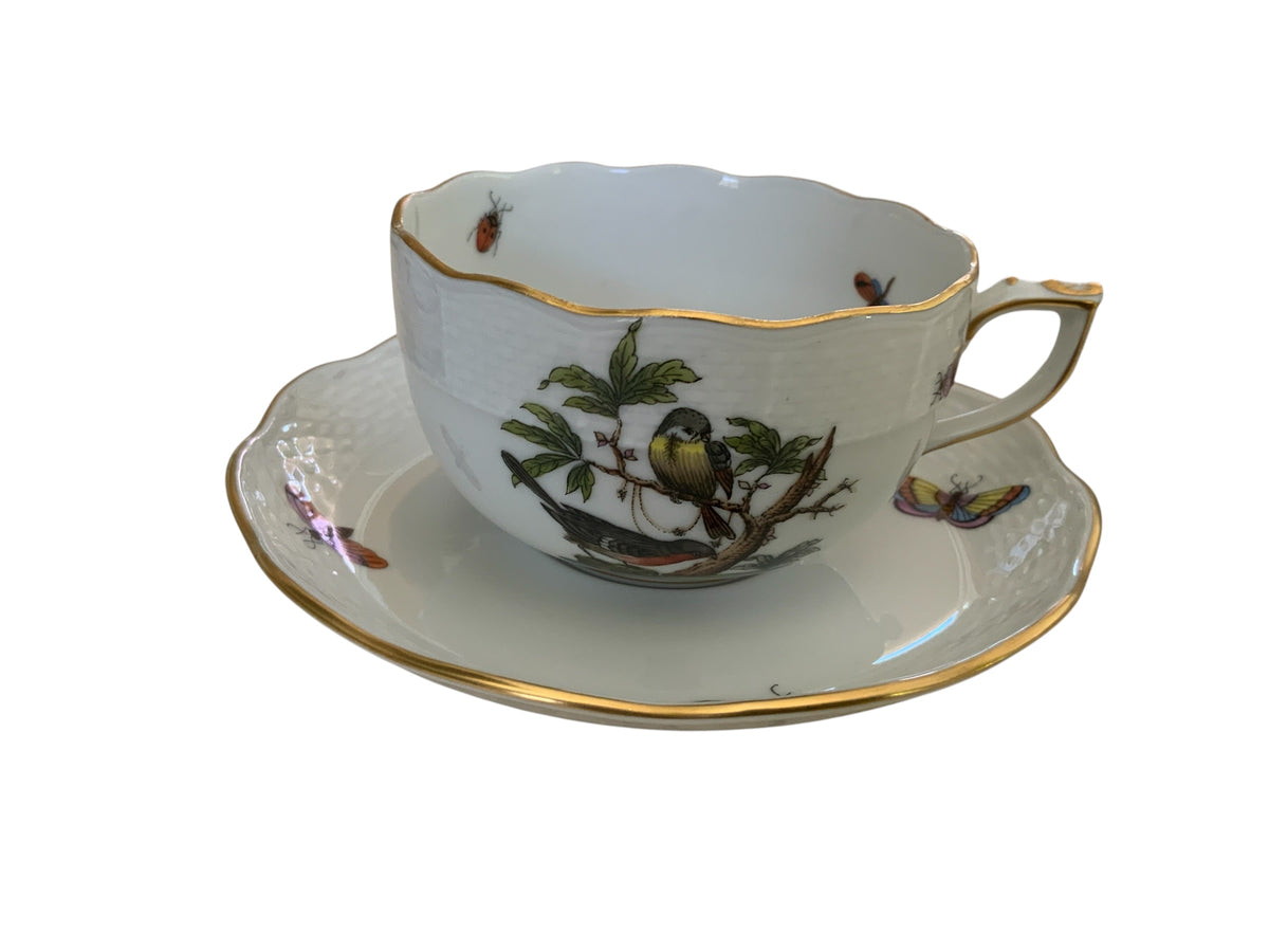 Herend Rothschild Bird Complete Set of 12 Flat Cup & Saucer Set Porcelain 724/RO Made in Hungary