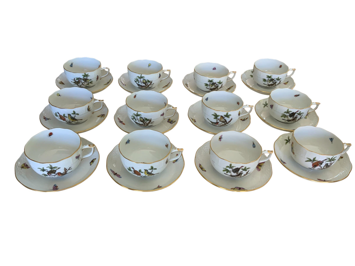 Herend Rothschild Bird Complete Set of 12 Flat Cup & Saucer Set Porcelain 724/RO Made in Hungary