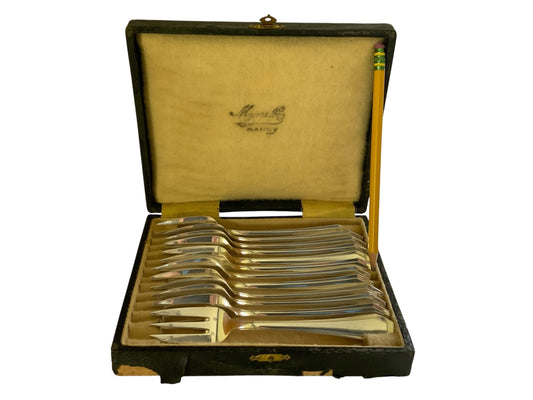 Antique Majorelle NANCY French Art Deco Boxed Pastry Set 12 Forks Silver Plate Made in France 1930s