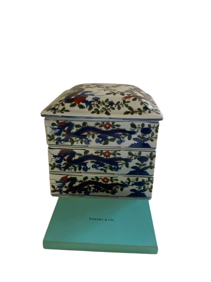 Vintage Tiffany & Co. Japanese Porcelain Dragon Jubako/Tiered Box Made Japan 1970s-1990s