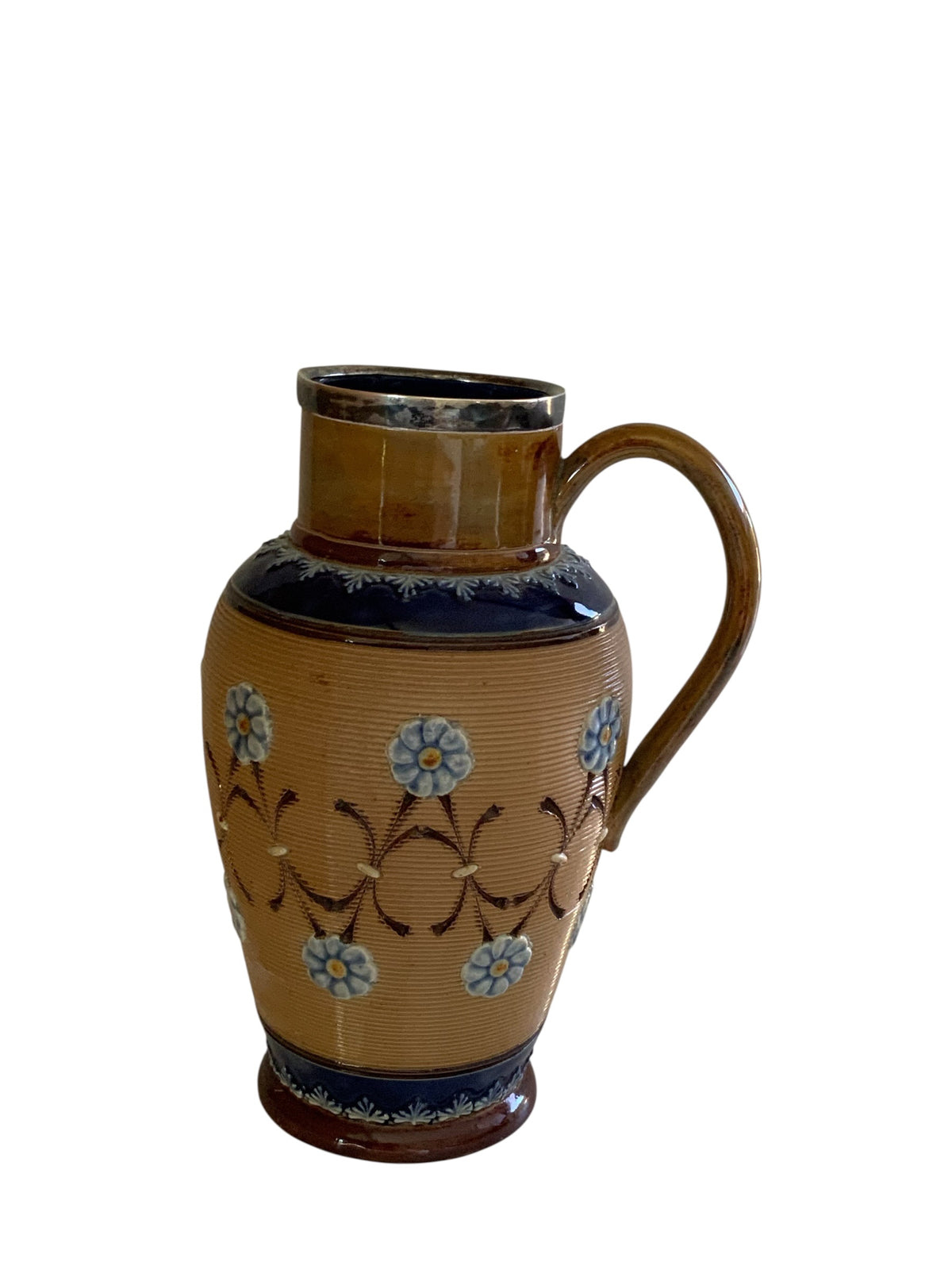 Antique Doulton Lambeth Stoneware Jug Ewer Pitcher Sterling Rim Made in London 1897