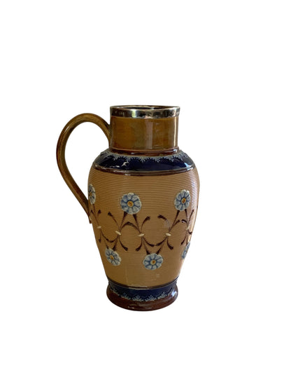 Antique Doulton Lambeth Stoneware Jug Ewer Pitcher Sterling Rim Made in London 1897