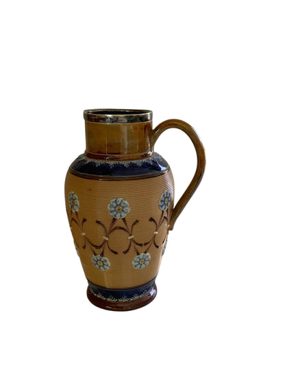 Antique Doulton Lambeth Stoneware Jug Ewer Pitcher Sterling Rim Made in London 1897