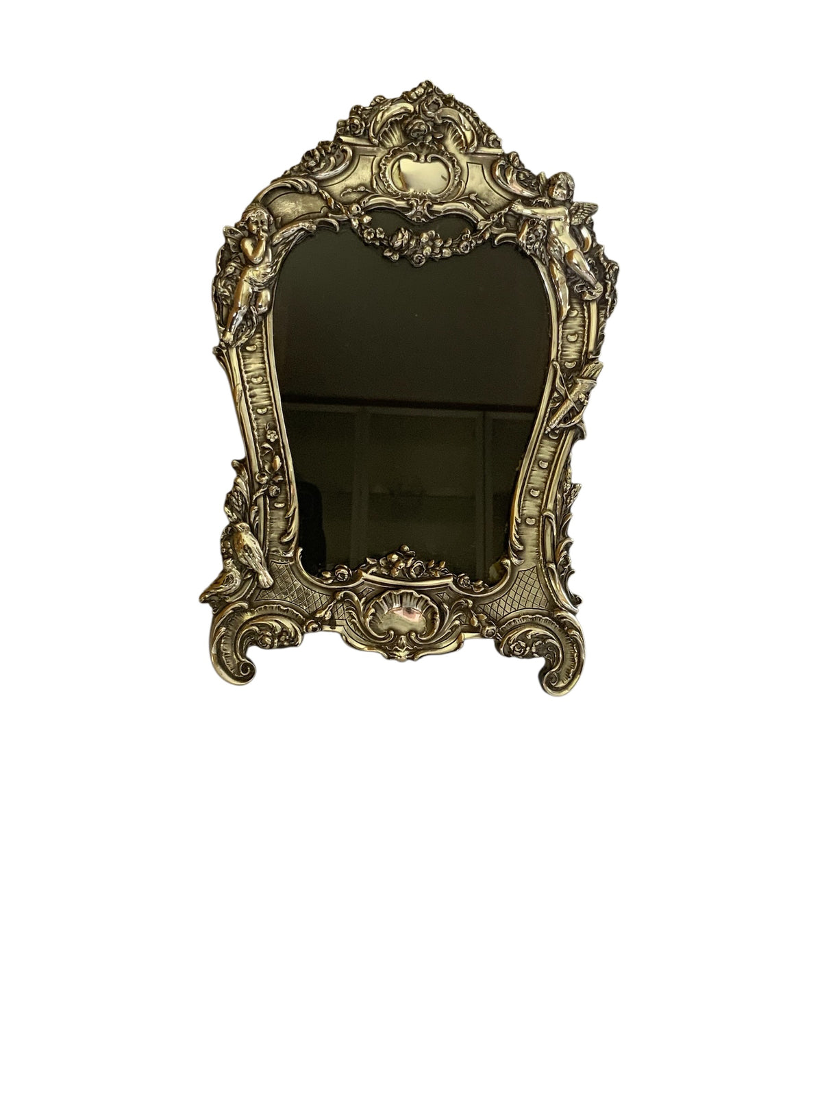 Antique Edwardian JR Sterling Silver Art Nouveau Ornate Cherub & Bird Table Mirror Frame .925 Made in England 1910s