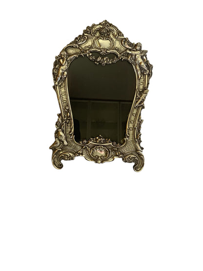 Antique Edwardian JR Sterling Silver Art Nouveau Ornate Cherub & Bird Table Mirror Frame .925 Made in England 1910s
