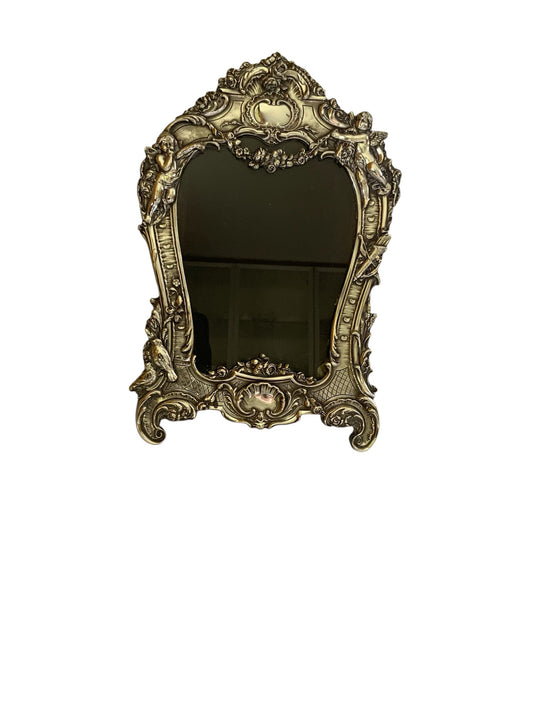 Antique Edwardian JR Sterling Silver Art Nouveau Ornate Cherub & Bird Table Mirror Frame .925 Made in England 1910s