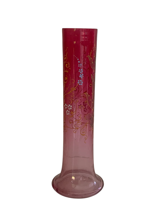 Antique Victoria Moser Bohemian Cranberry Glass Mantel Bud Vase Gold Gilded Floral Late 19th Century