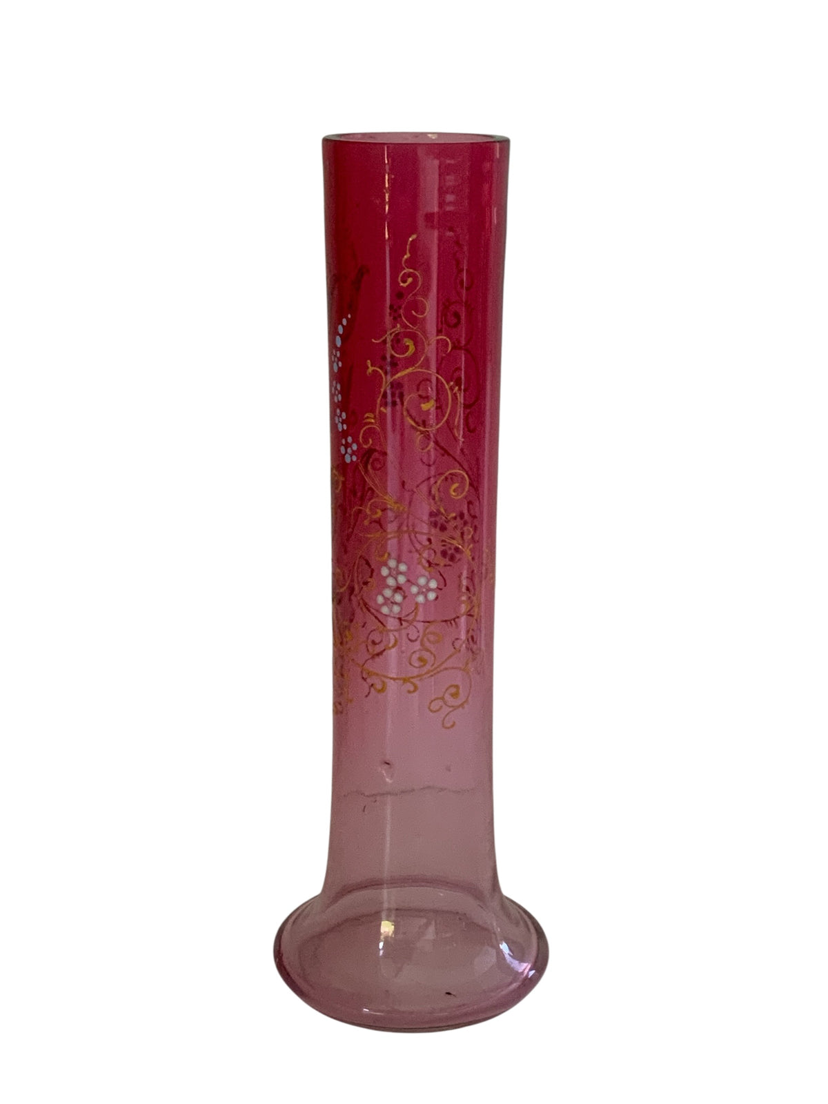 Antique Victoria Moser Bohemian Cranberry Glass Mantel Bud Vase Gold Gilded Floral Late 19th Century