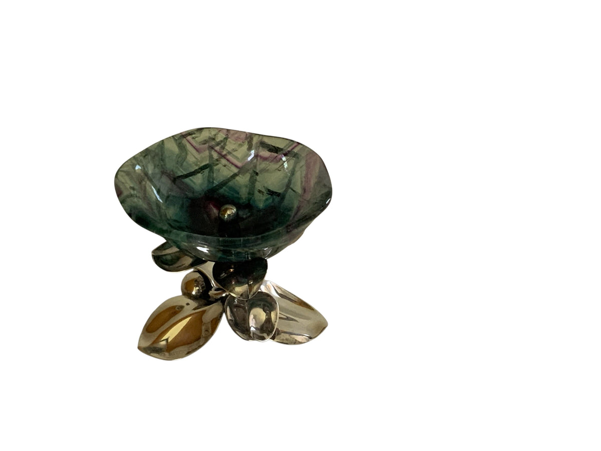 Vintage Gabriele De Vecchi Milano Sterling Silver & Carved Rainbow Fluorite Flower Bowl Centerpiece Signed 665 MI Made in Italy 1970-1989