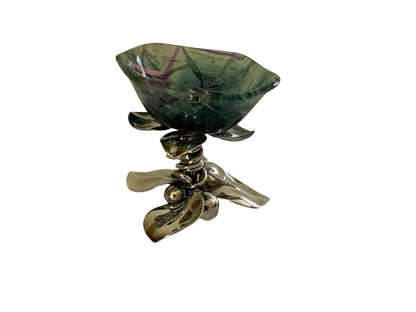 Vintage Gabriele De Vecchi Milano Sterling Silver & Carved Rainbow Fluorite Flower Bowl Centerpiece Signed 665 MI Made in Italy 1970-1989
